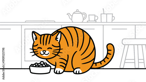 A simple cartoon illustration of an orange tabby cat eating from a white bowl on a light-colored surface