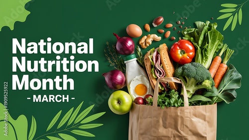 National nutrition month march healthy food items spilling out of grocery bag fresh produce vegetables fruits eggs sandwich and nuts on green background celebration