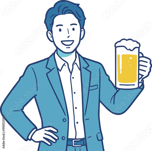 ビールで乾杯ポーズのビジネスマン 上半身の人物イラスト