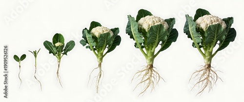 Cauliflower plant growth stages from seedling to mature vegetable with developing roots and fully formed head in sequence