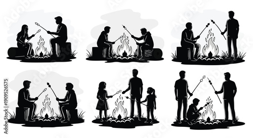 Silhouettes of people roasting marshmallows over a campfire.