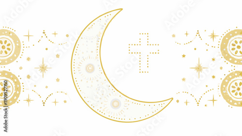 Golden crescent moon with decorative stars and celestial elements