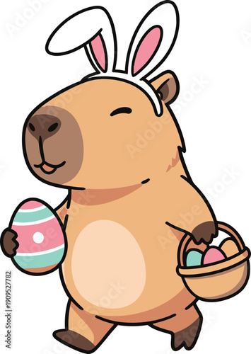 Cute capybara character wearing bunny ears holding easter eggs and basket cartoon illustration