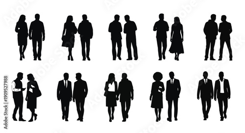Collection of Diverse Silhouettes of Couples Walking Together.