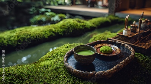 苔庭を望む縁側で楽しむ抹茶と和菓子 - 静寂な日本庭園、伝統的な茶道、おもてなし、禅の心を感じる癒やしの背景素材