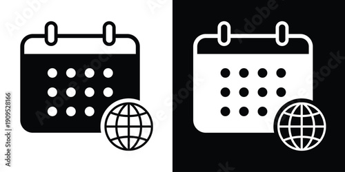 Calendar icon featuring a globe symbol, ideal for international events, global scheduling, time zones, or world travel planning. Professional black and white flat vector graphic.