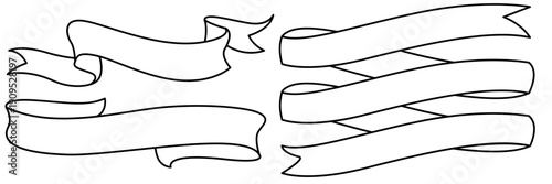 Set of hand drawn ribbon banners in line art style. Outline decorative scroll elements isolated on white background for badges, labels, logos and vintage design.