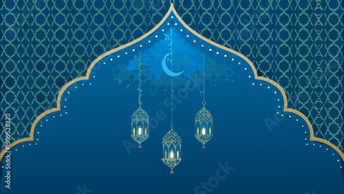 Elegant Islamic arch with hanging lanterns under crescent moon