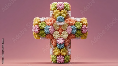 Pastel Colored Marshmallow Floral Cross on Pink Background