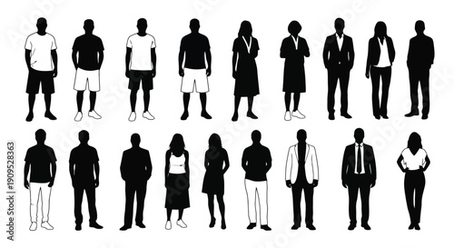 Collection of Diverse Human Silhouettes Standing in Rows.