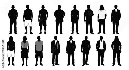 Collection of Diverse Silhouettes of People Standing.