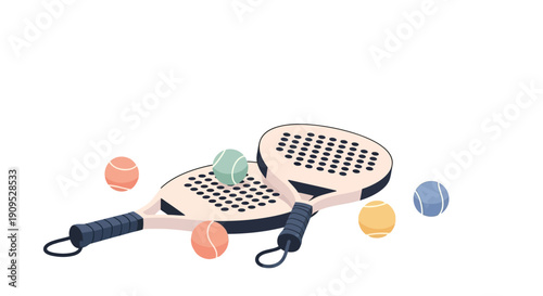 Two padel racket and padel balls on a white surface viewed from directly above