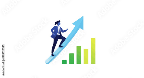 Businessman ascending a rising graph, symbolizing professional growth and success in a corporate environment