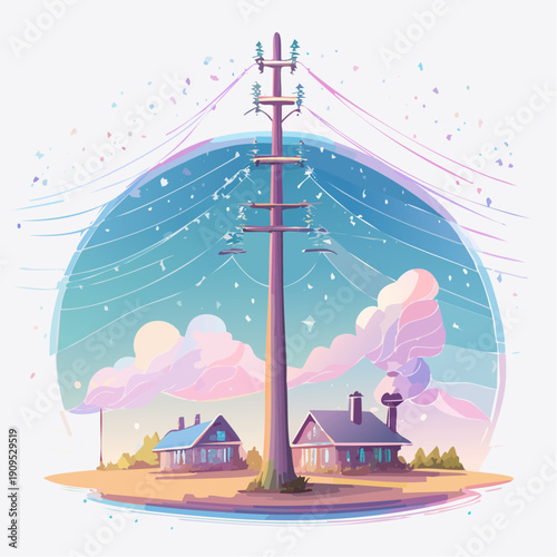 Peaceful rural landscape with power lines and houses under a colorful sky