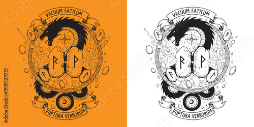 Black Dragon Serpent with Viking Runes Stones and Latin Motto Vacuum Faticum