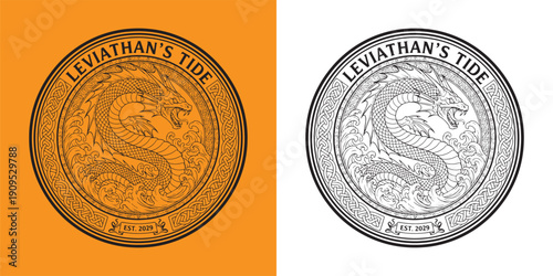 Leviathans Tide Sea Serpent in Ocean Waves with Celtic Knot Circular Frame
