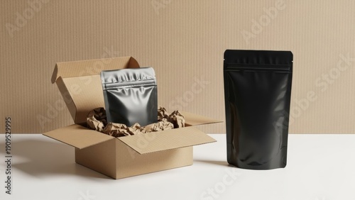 Cardboard box with two resealable pouches one inside and one outside packaging shipping