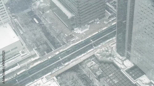 東京都庁展望台からの眺め。雪が降る東京。