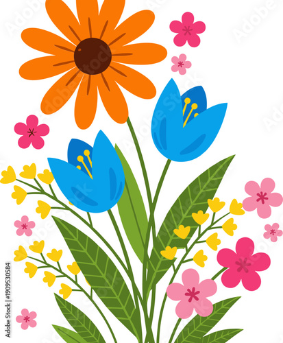 Vibrant wildflower bouquet with orange daisy blue tulips and pink blossoms in a saturated flat vector style,