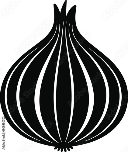 Black silhouette of a single onion on a white background Keywords: onion, silhouette, black, white, vegetable, food, ingredient
