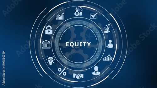 Business equity and shareholder value concept with icons for ownership, investment, fairness, and capital distribution.