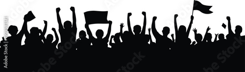 Silhouette of a crowd of people with raised fists and flags on a white background protest demonstration
