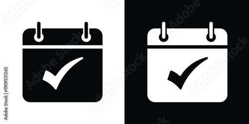 Calendar icon with a checkmark symbol, signifying completed tasks, confirmed appointments, or successful scheduling. Bold black and white vector for productivity apps.