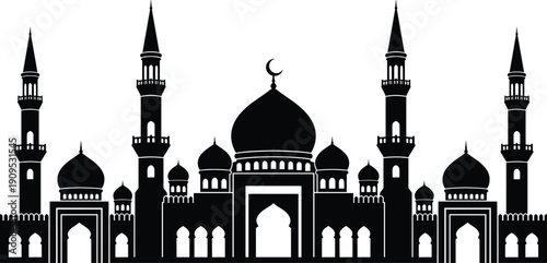 Black mosque silhouette with minarets and domes, Islamic architectural vector illustration for Ramadan Kareem, Eid Mubarak, religious holiday design, Arabian skyline isolated on white