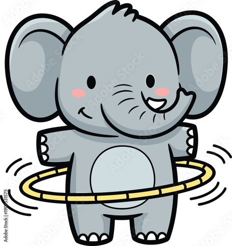 A cartoon elephant playing with a yellow hula hoop on with a smile