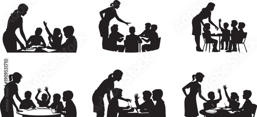 Female teacher standing beside a small group of seated students around a table silhouette collection, collaborative learning and guidance teamwork and educational interaction vector format.