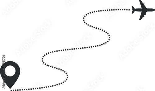 Airplane route with dotted path and location pin, travel navigation concept illustration isolated on white - flavector