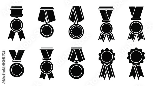 A collection of twelve different types of awards and medals in black and white isolated on white background, Vector