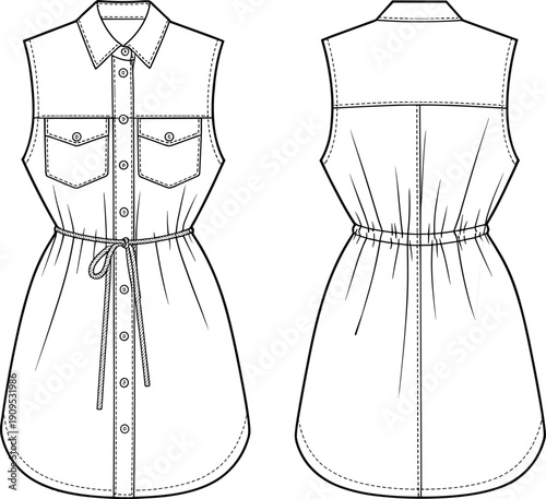 Technical flat sketch of a sleeveless button down shirt dress for women with front and back views drawstring waist and utility chest pockets