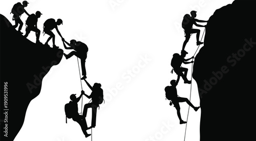 Silhouettes of a Group of Rock Climbers Ascending a Cliff Face adventure ascent