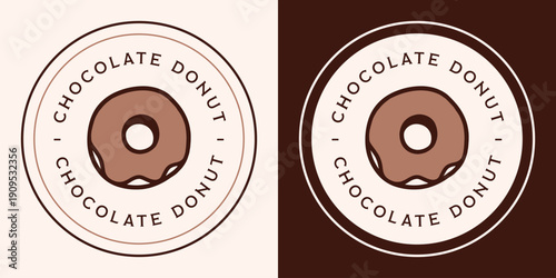 Chocolate donut flavor label logo cocoa frosted glaze pastry round circular sticker packaging tag design. Retro vintage fancy aesthetic baked dessert treats outline drawing brown circle frame print.