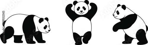 Three Stylized Black And White Panda Bears In Different Poses On White Background animal wildlife