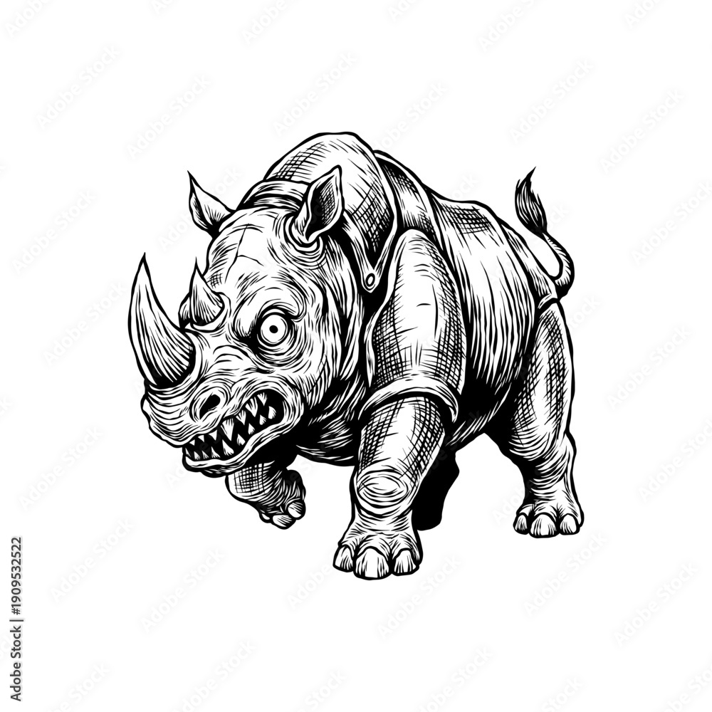 Fototapeta premium abstract illustration of a ferocious rhinoceros hand drawn vector