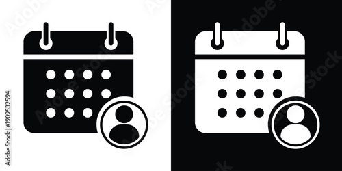 Calendar icon with a person or user symbol, representing personal schedules, staff shifts, or individual appointments. Versatile black and white vector for management software.