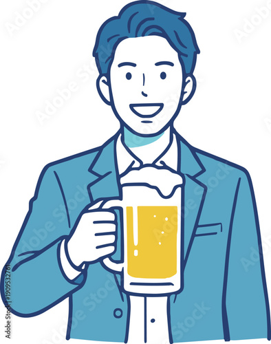 ビールジョッキを持つビジネスマン バストアップの乾杯イラスト
