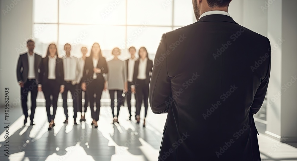Fototapeta premium Businessman standing in front of a group of colleagues in a modern office setting