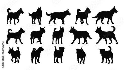 A diverse collection of black silhouettes of various dog breeds in different poses isolated on white background, Vector