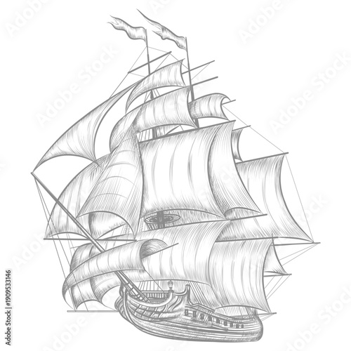 Vintage sailing ship engraving illustration