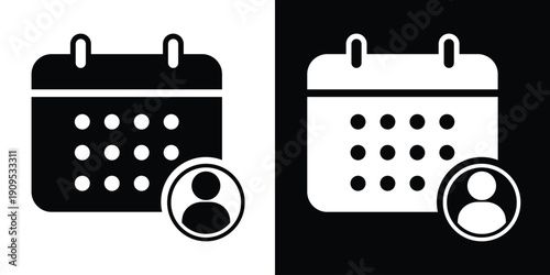 Calendar icon with a person or user symbol, representing personal schedules, staff shifts, or individual appointments. Versatile black and white vector for management software.