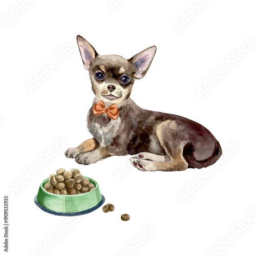 Chihuahua with a red bow lying next to a bowl of dog food. Hand drawn watercolor illustration. Vector clip art for postcards, food labels and toys. Suitable for banners for dog shows.