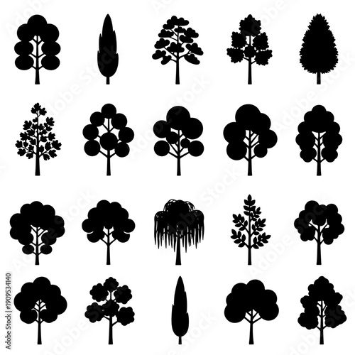 Set of 20 tree silhouettes in various shapes and species, including deciduous and ornamental trees. Black vector vegetation elements isolated on white background. Ideal for architectural drawings