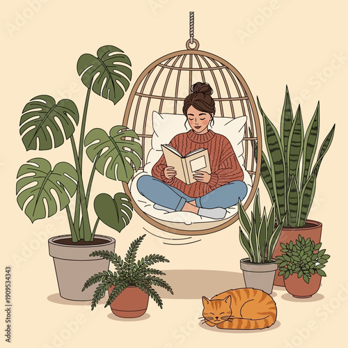 Woman reading book in hanging chair surrounded by potted plants and sleeping cat