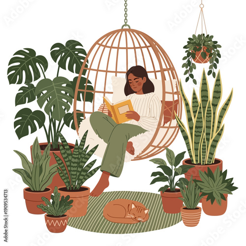Woman reading book in hanging chair surrounded by houseplants and sleeping cat