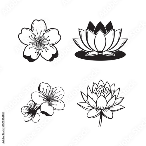 Elegant Floral Line Art Set Cherry Blossom and Lotus