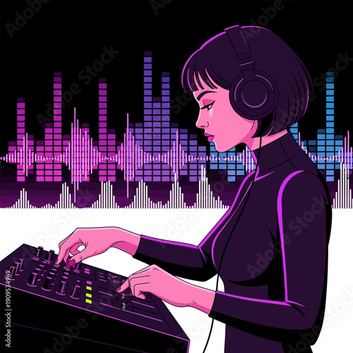 Woman DJ with headphones mixing music on console with sound equalizer background