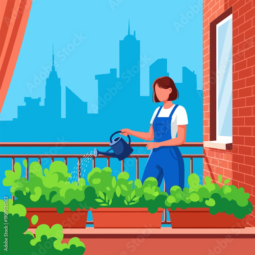 Woman watering plants on a balcony garden with city skyline in the background
